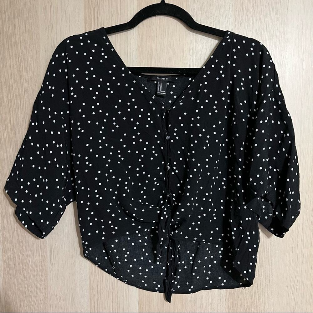 Forever 21 Polka Dot Cropped Tie Front Top